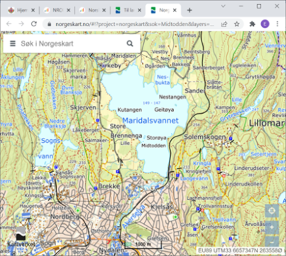 Bilde er et kartutsnitt som viser hvor skytebanen til Ski- og Skiskyttermerket er